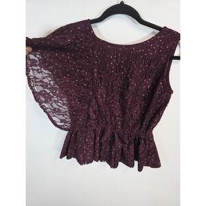 CuteCumber Lace Peplum Blouse Burgundy Plum EU 42 US 10 Romantic Coquette Bling